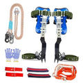 Adjustable tree climbing spikes set with blue pads, stainless steel bars, green straps