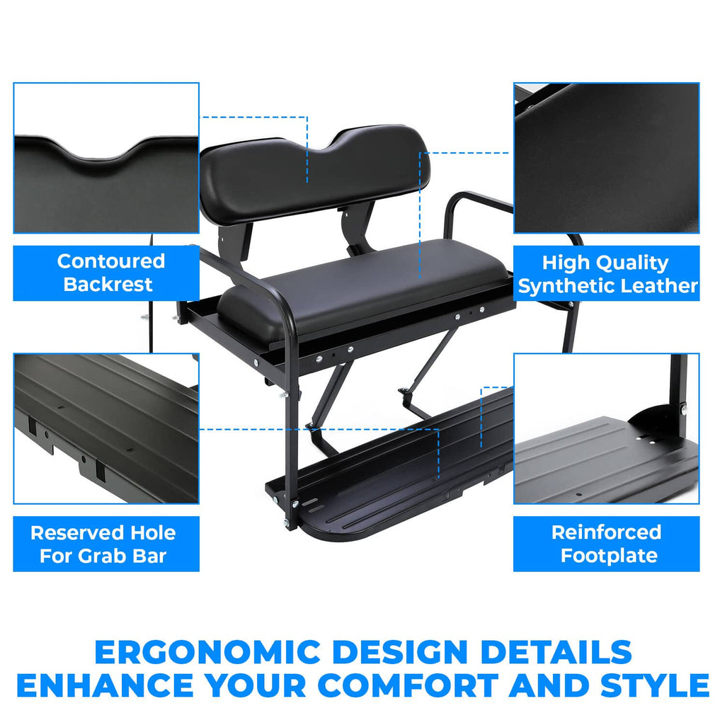 Black rear seat kit with contoured backrest cushion and reinforced metal footplate