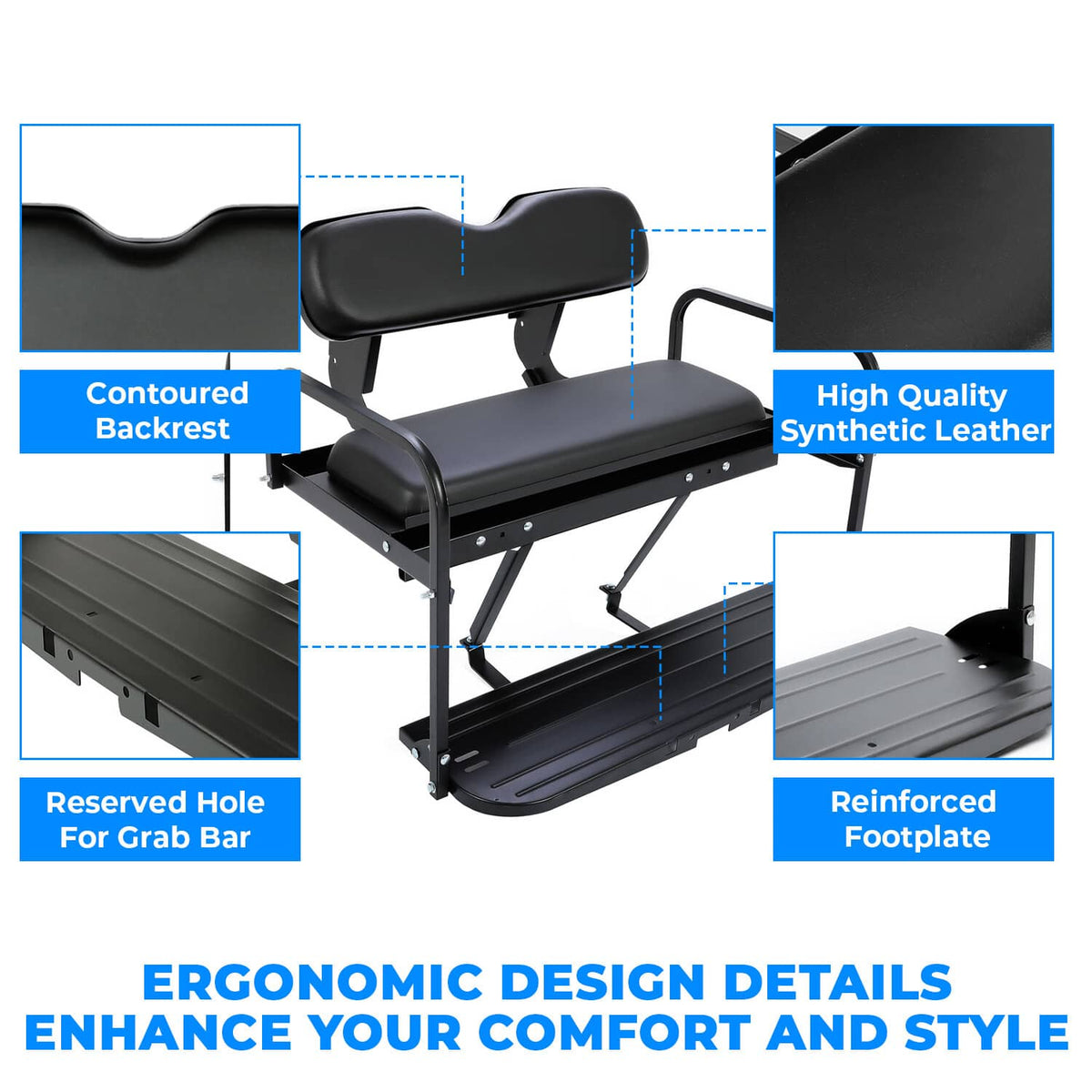 Black rear seat kit with contoured backrest cushion and reinforced metal footplate
