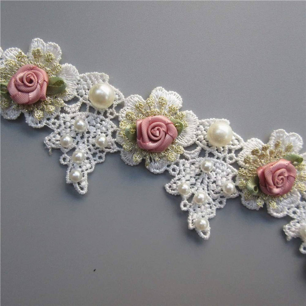 White lace trim with pink roses, gold thread details, and pearl bead clusters