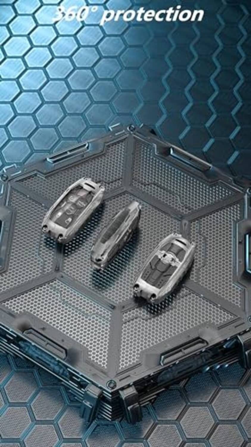 Silver key fob cover case protectors on hex-pattern grid, textured metal remote shell