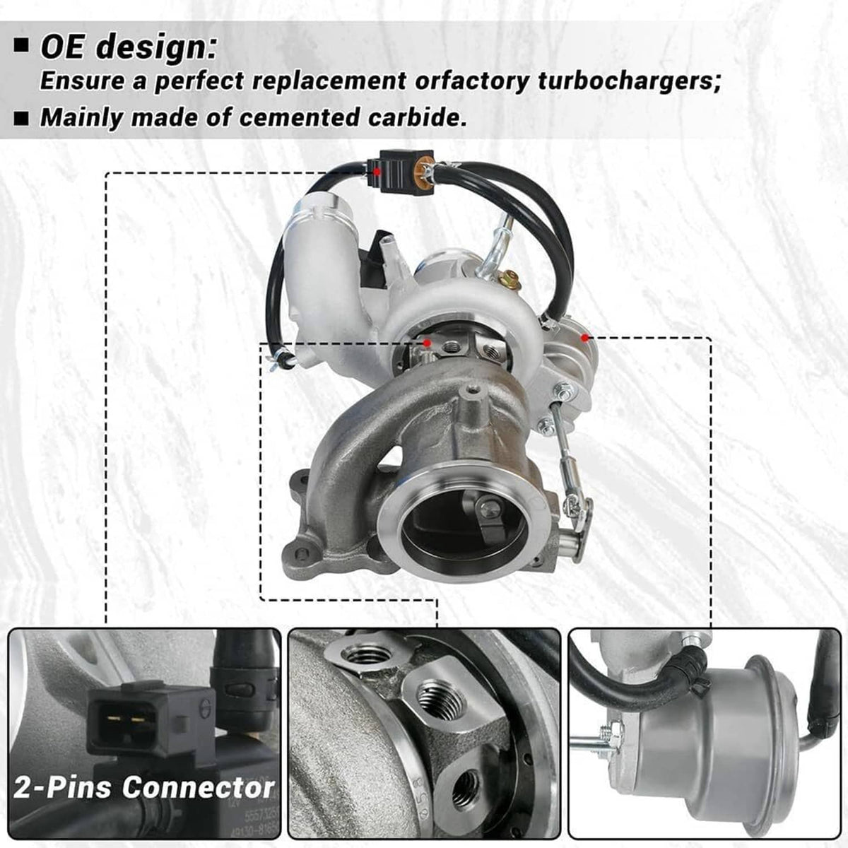 Turbocharger with black 2-pin connector and silver turbine housing, vented air inlet