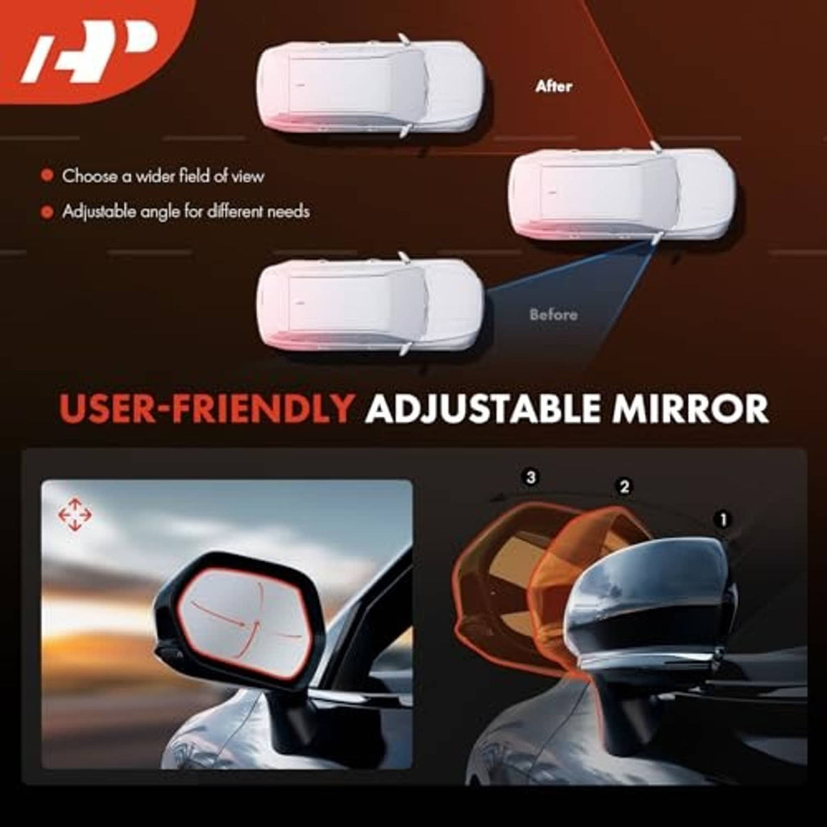 Adjustable left side mirror showing multiple angle positions