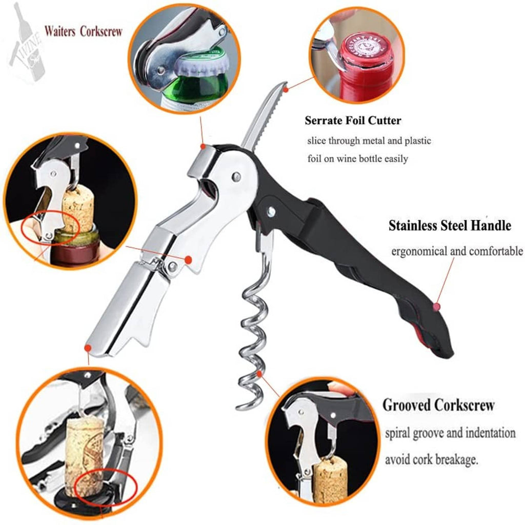 Wine corkscrew with foil cutter, stainless frame and black ergonomic handle