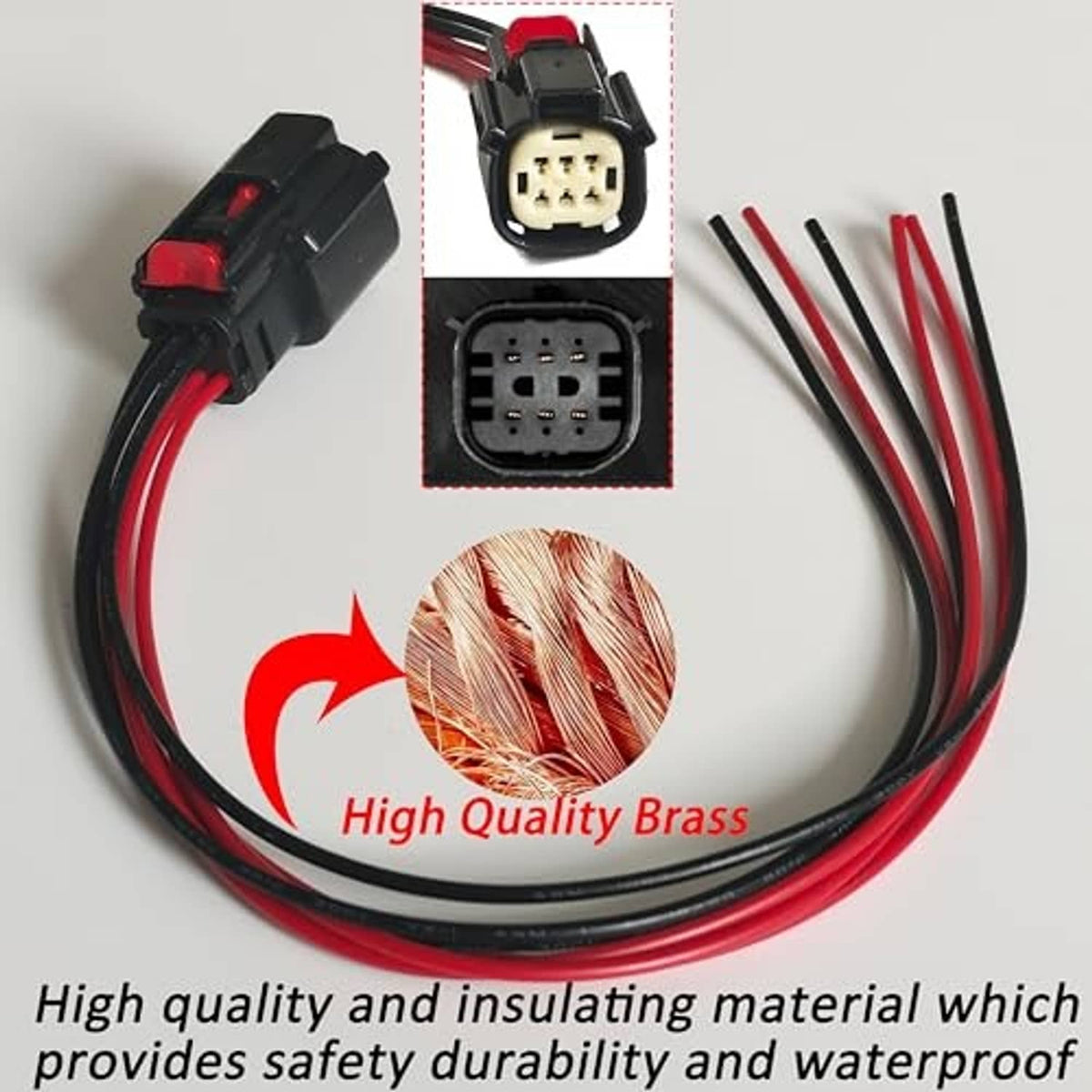 6-pin wiring harness connector pigtail with red/black wire leads and high-detail terminals