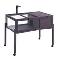 Gray wooden tortoise habitat with metal mesh top, front openings, and rolling casters