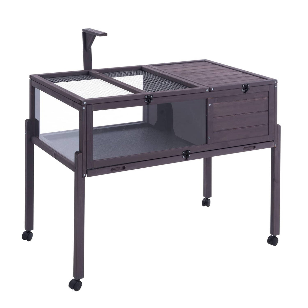 Gray wooden tortoise habitat with metal mesh top, front openings, and rolling casters