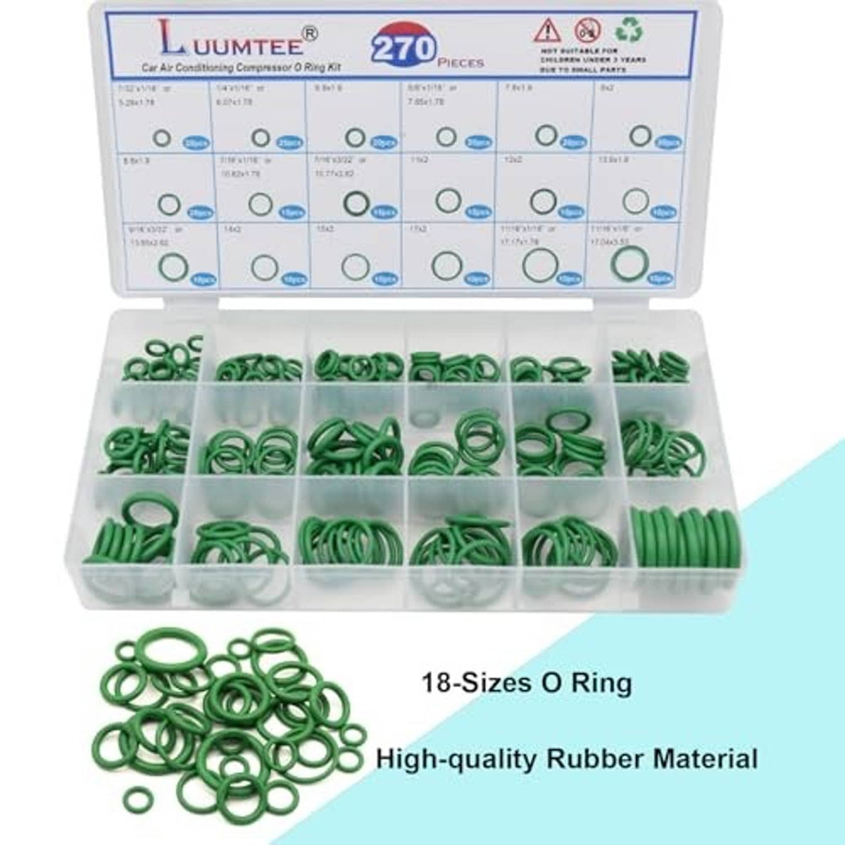 Green O-ring seal assortment in clear tray, 18 sizes shown
