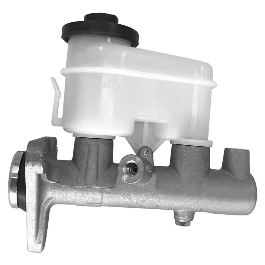 Brake master cylinder with white plastic reservoir and gray metal body, side view.