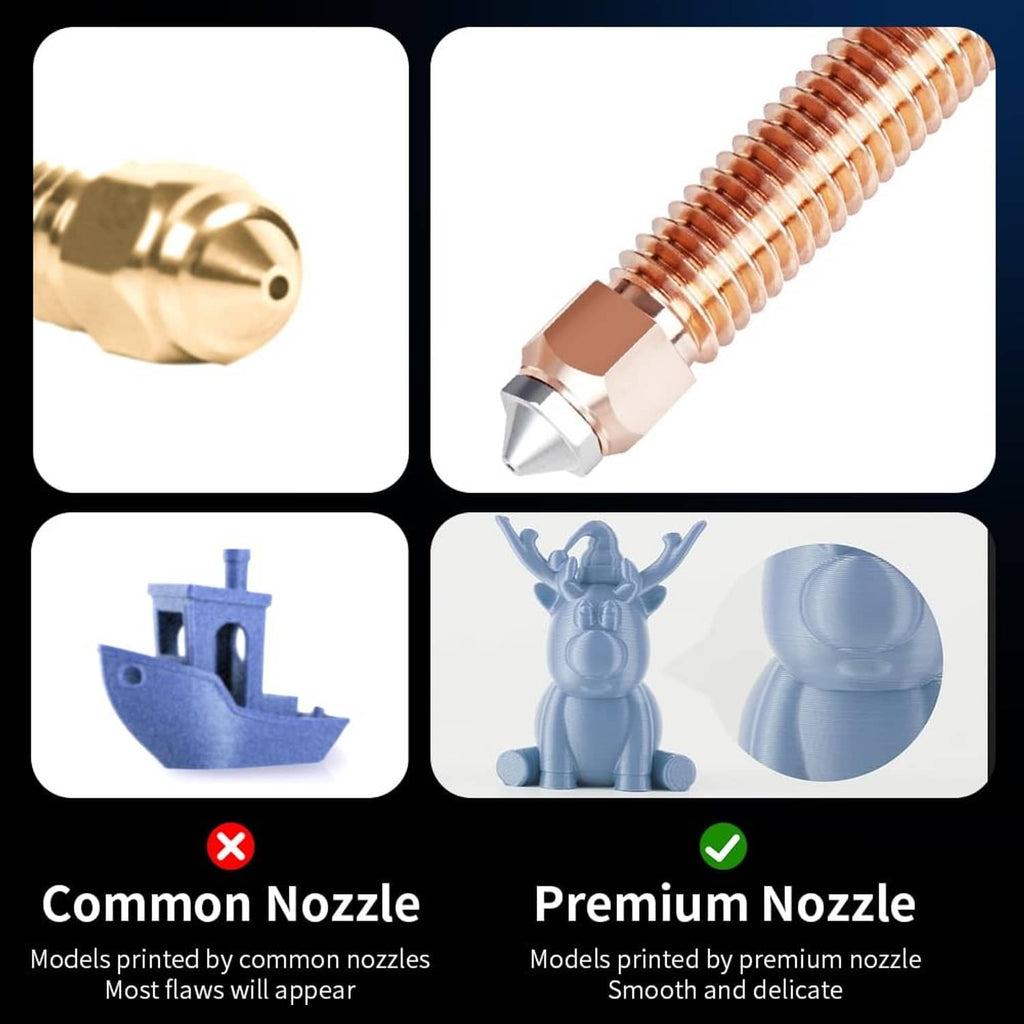Copper 0.4mm nozzle with threaded metal heater and pointed tip, plus close-up fitting