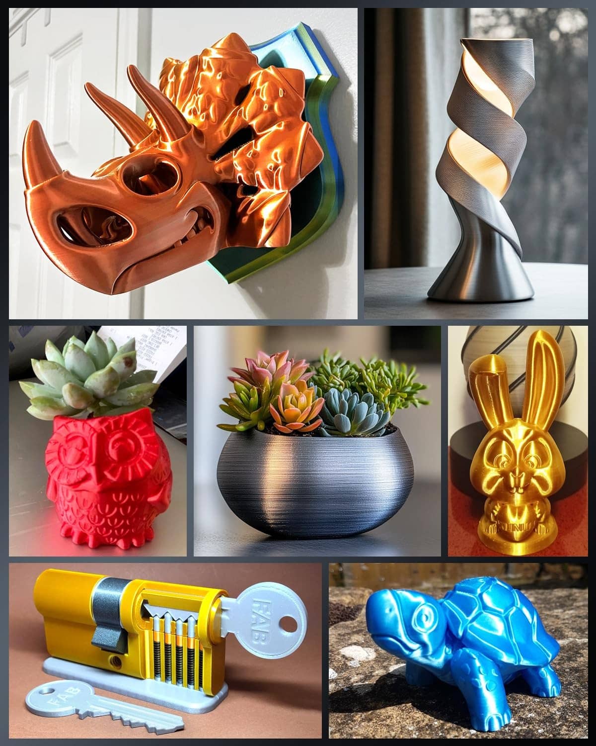 Set of multicolor 3D printed models, orange and gold rabbit figurines