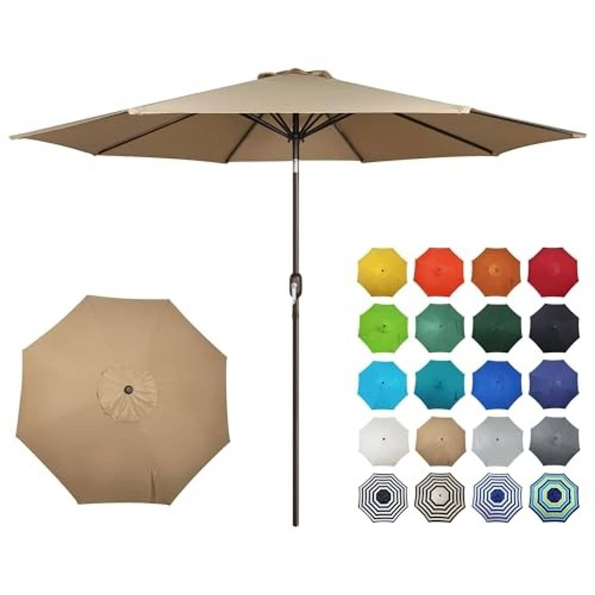 10ft outdoor patio umbrella open with market tan canopy and ribs visible
