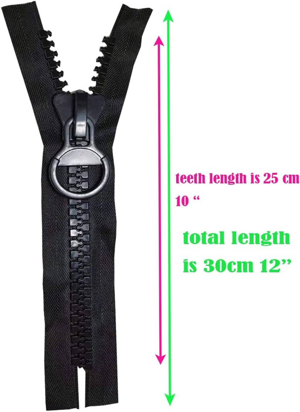 Black plastic zipper with large pull, length measurement indicated alongside.