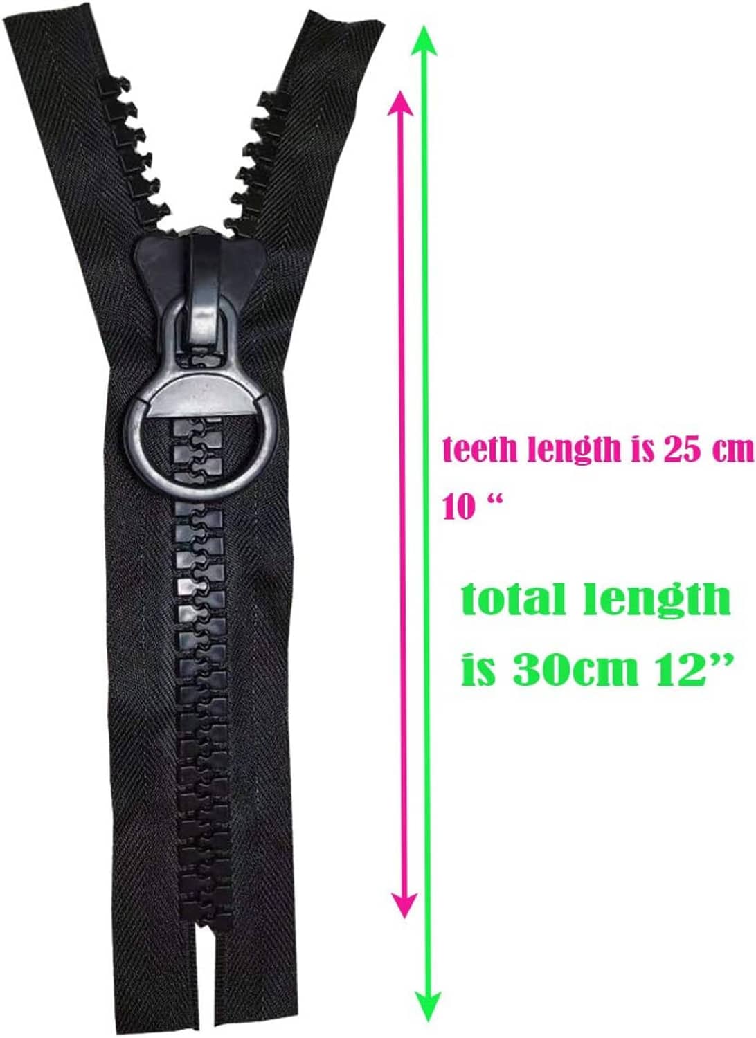 Black plastic zipper with large pull, length measurement indicated alongside.