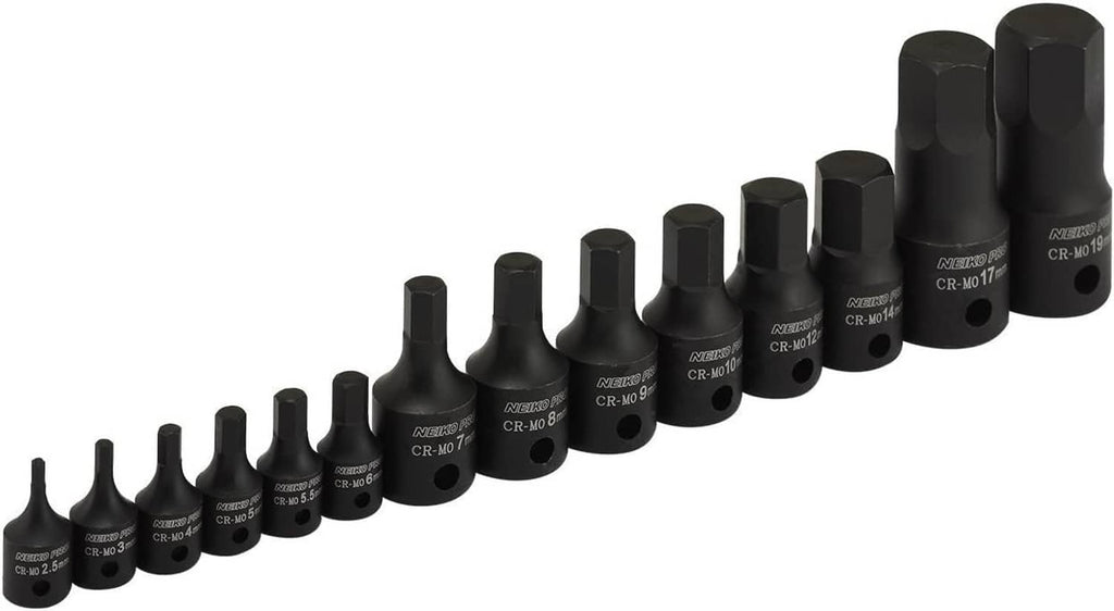 Assorted black metric hex allen bit sockets standing in a line, labeled