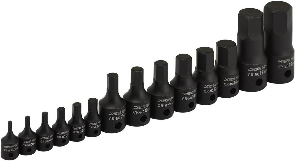 Assorted black metric hex allen bit sockets standing in a line, labeled