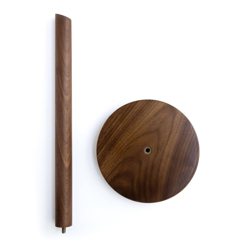 Dark walnut wooden base disc with central hole and matching vertical pole