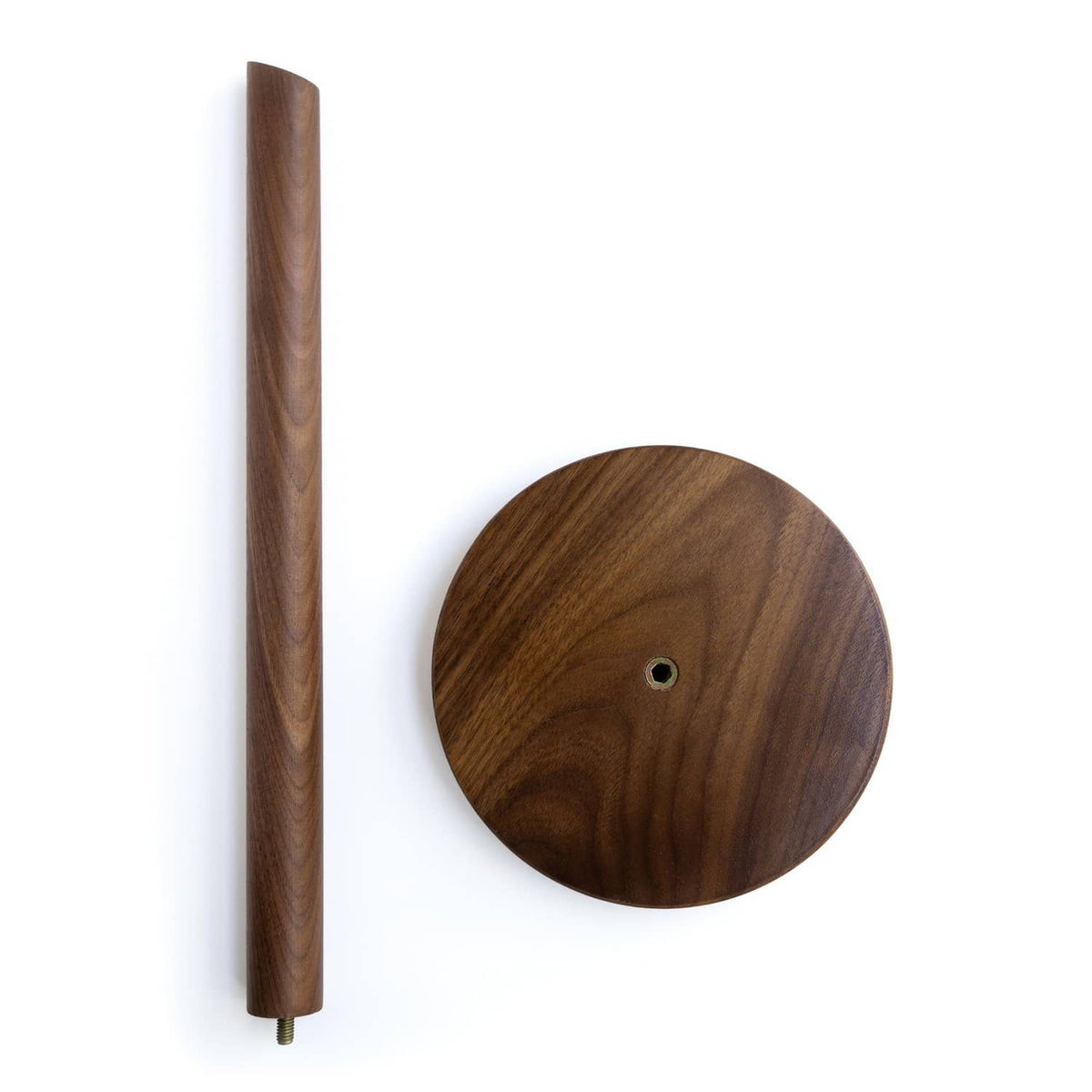 Dark walnut wooden base disc with central hole and matching vertical pole