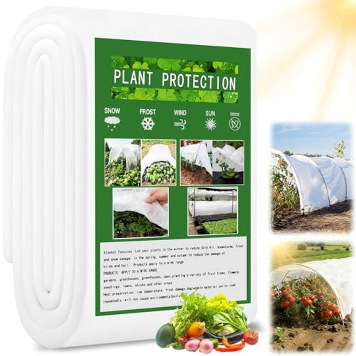 White plant protection shade cloth roll in packaging with garden-use images