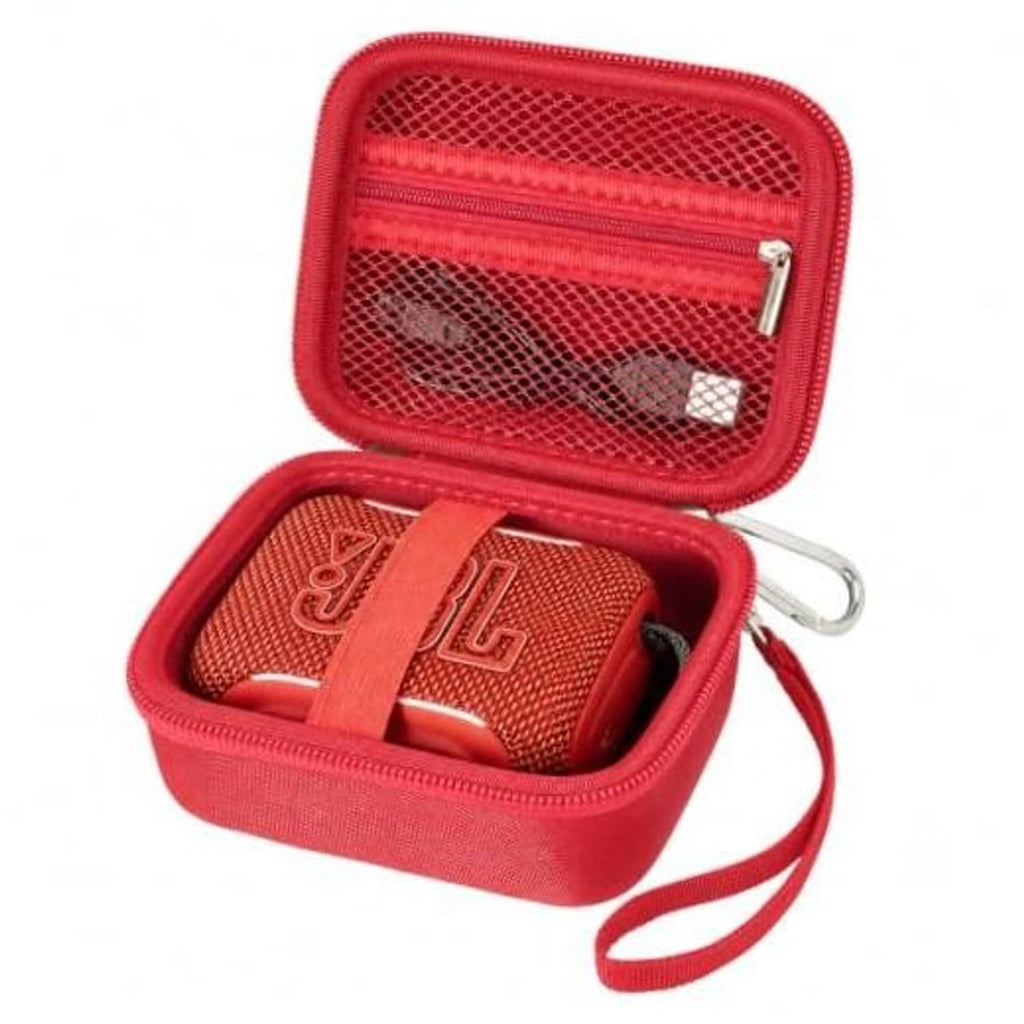 Red hard EVA speaker case open, showing molded holder and mesh-lined top pocket