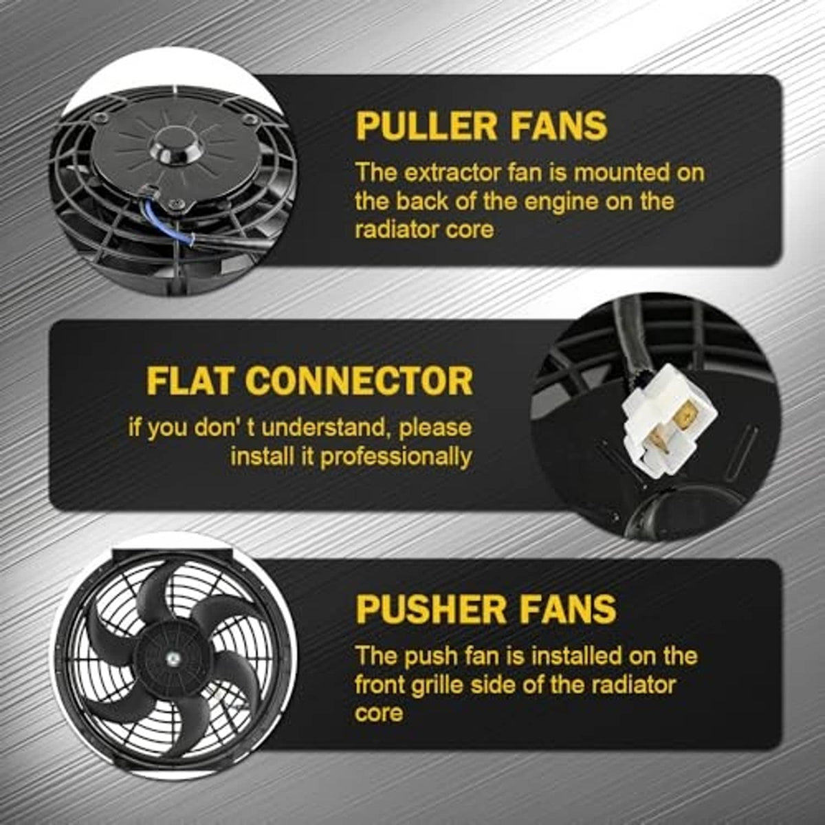 Radiator cooling fan with black blades and white flat power connector