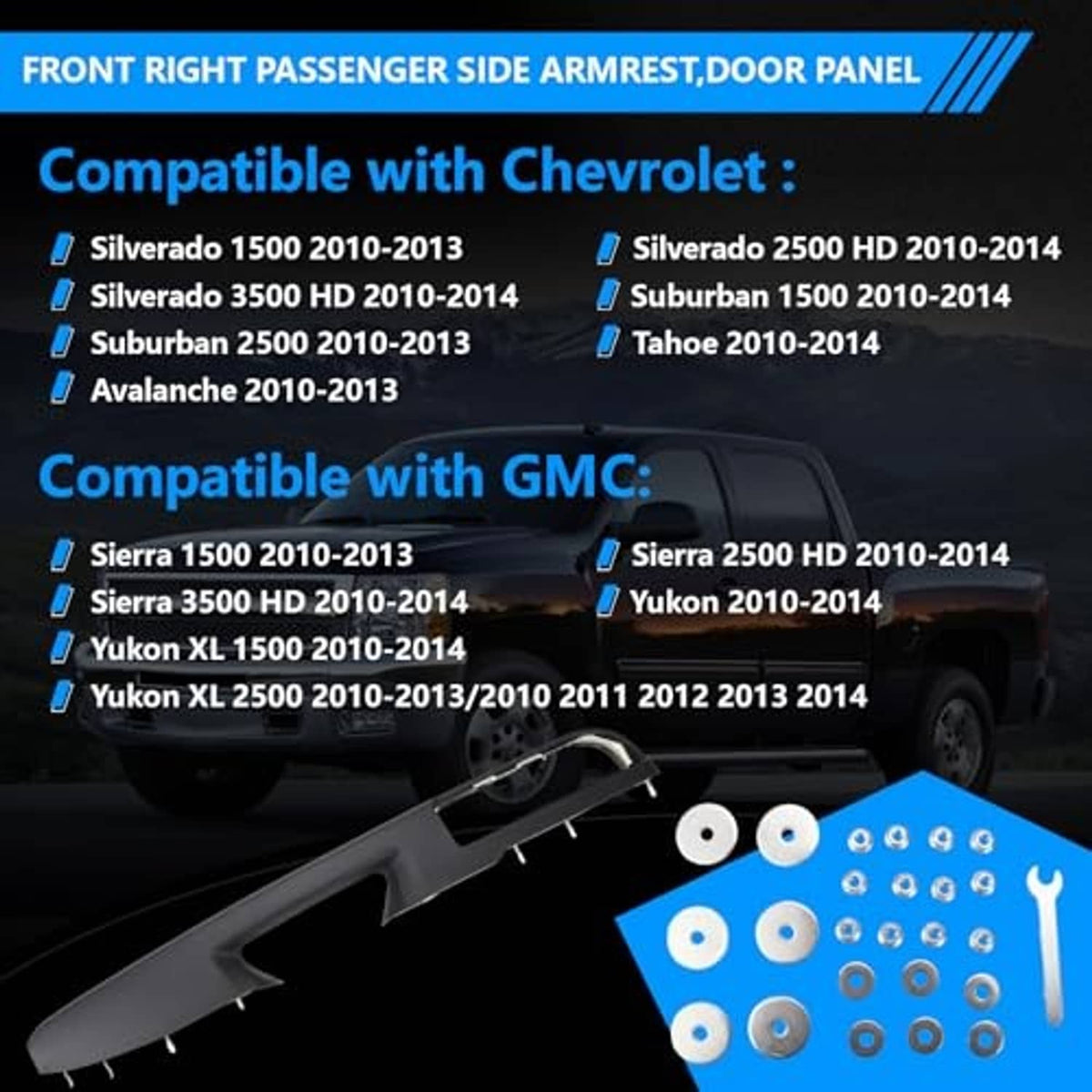 Front right door armrest panel kit with mounting screws and washers