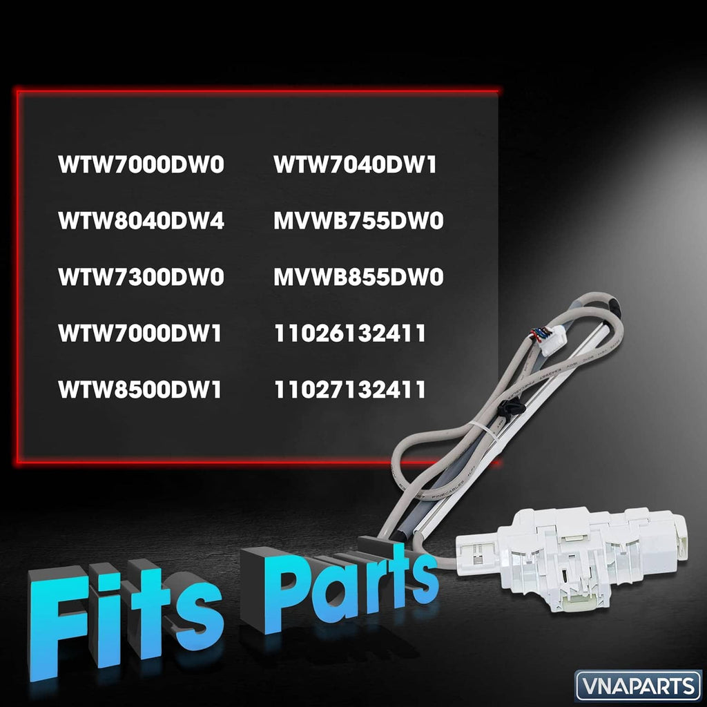 Washer door lock latch assembly with white multi-pin connector and gray cable
