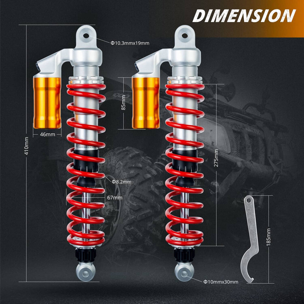 Front shock absorbers with red springs, orange-gold reservoirs, silver top mounts
