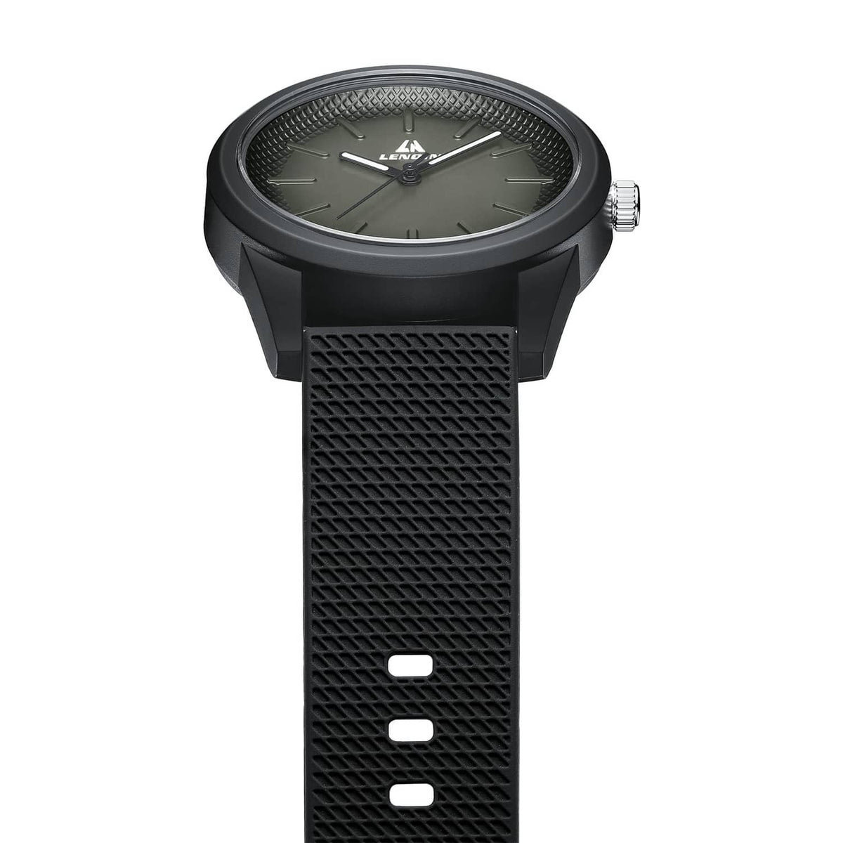 Black men's wristwatch with textured silicone strap and dark round dial, side crown.