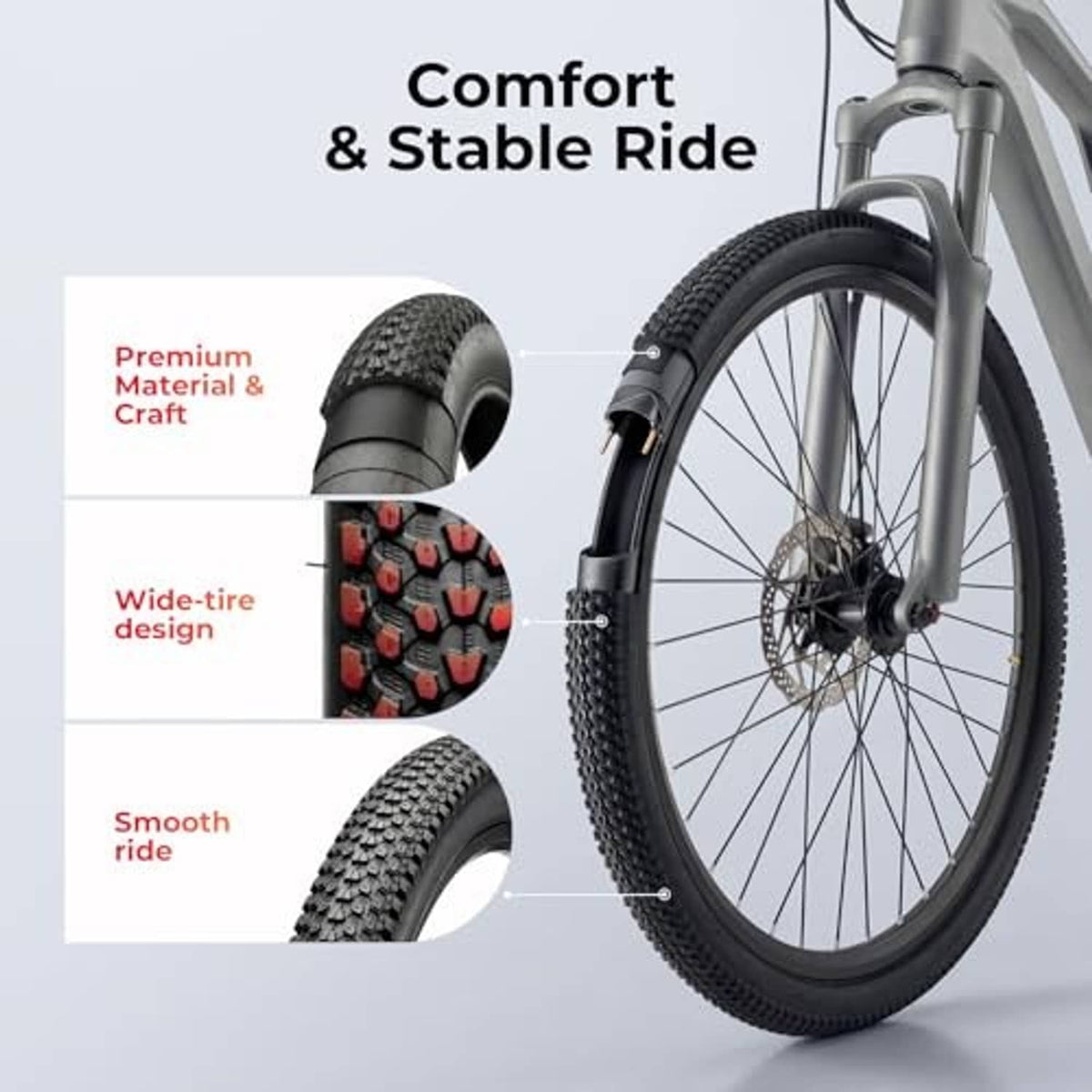 Front bike tire with wide knobby tread on rim, with tread detail insets