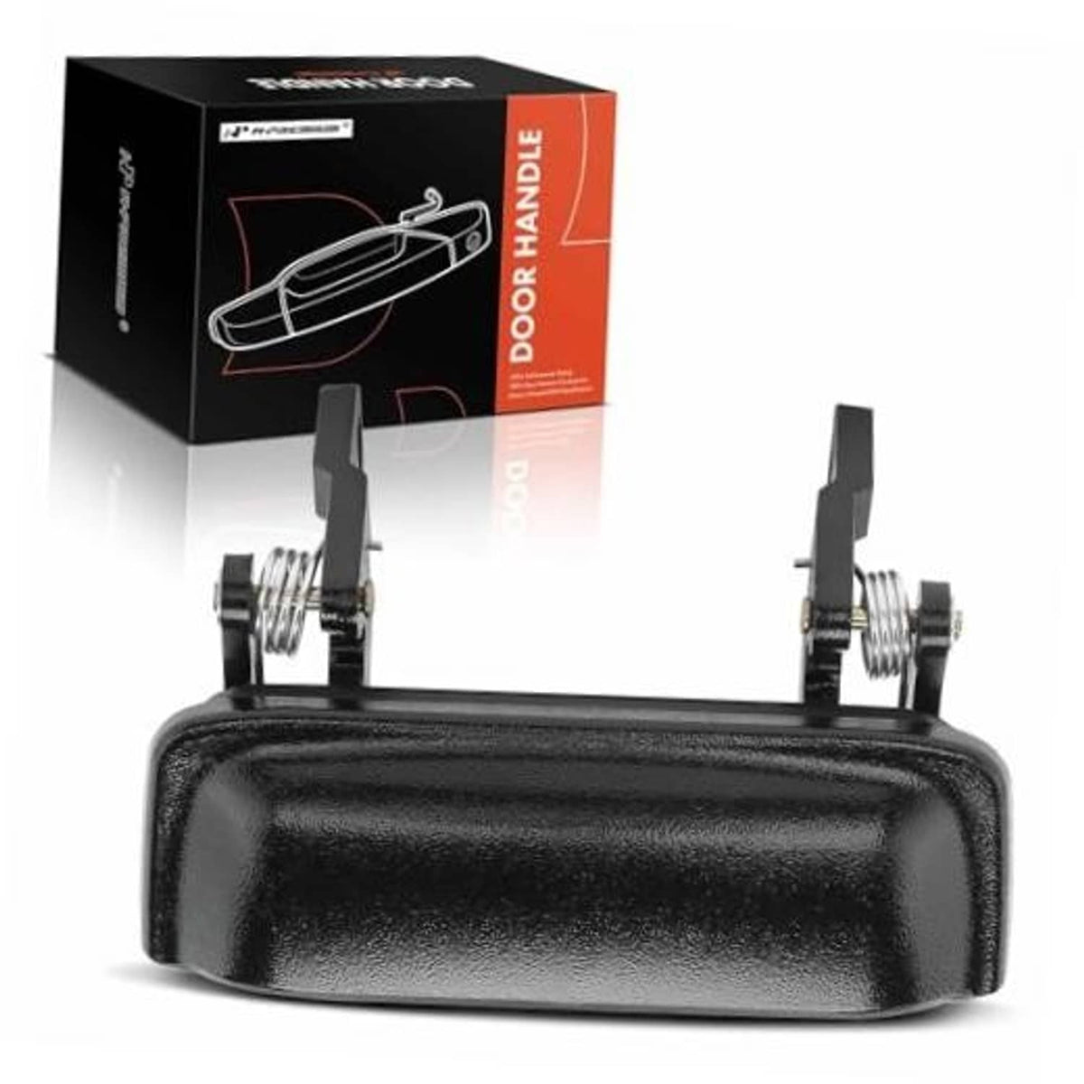 Front exterior door handle, textured black finish with metal spring and posts