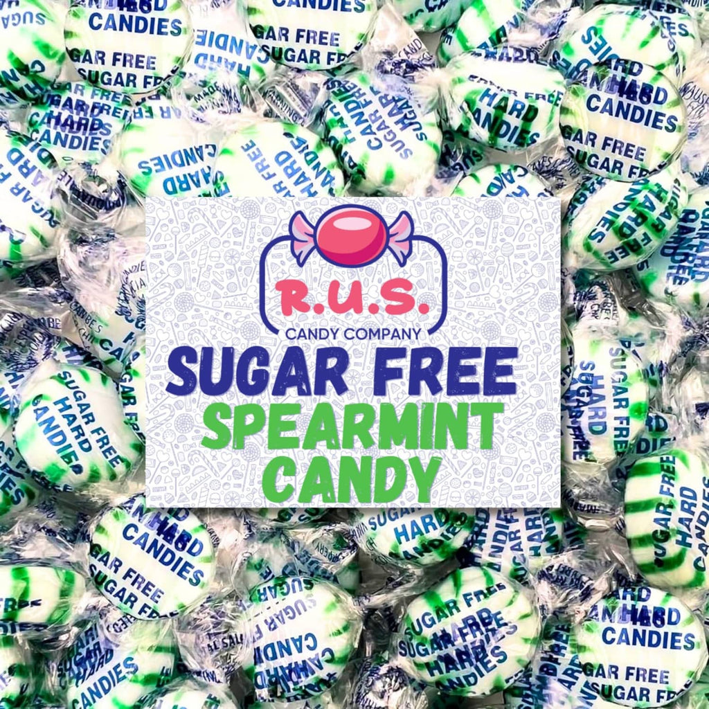 Individually wrapped sugar-free spearmint hard candies in green-and-white twist wrappers