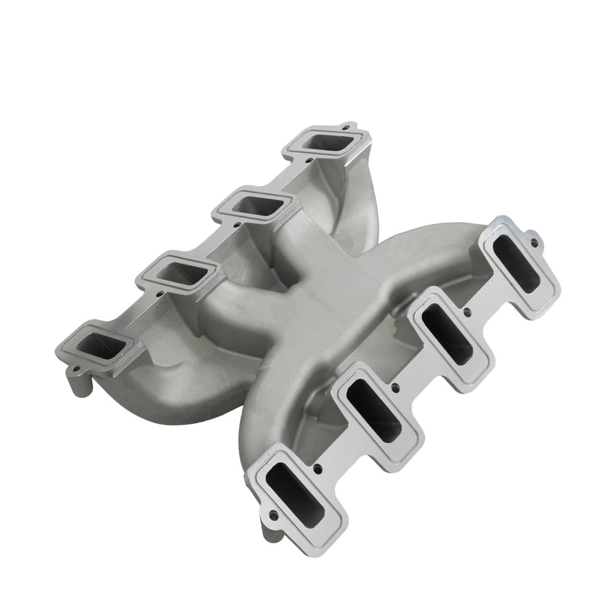 Gray intake manifold with multiple square port openings and raised mounting ears