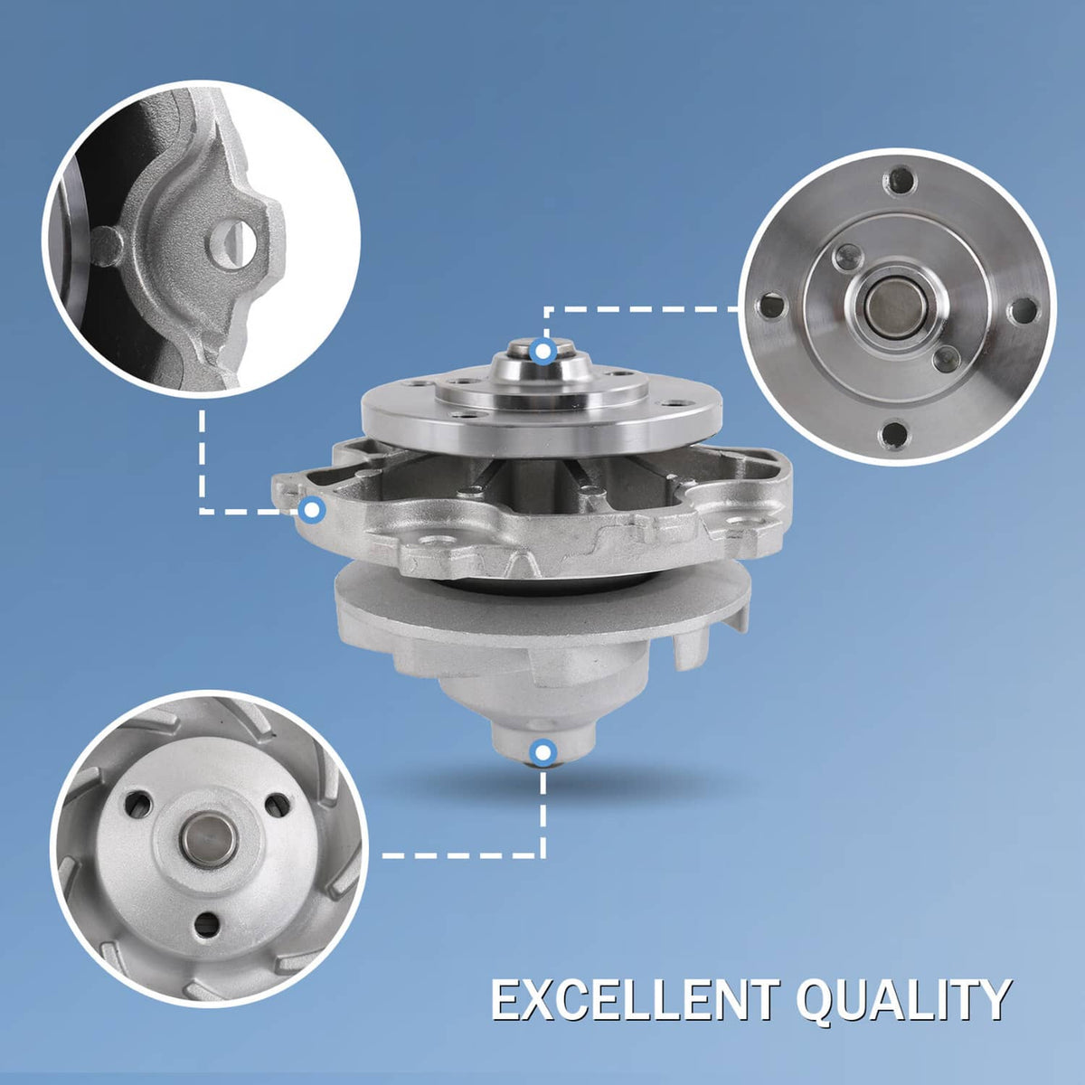 Water pump assembly with circular front hub and side ports; gasket close-up