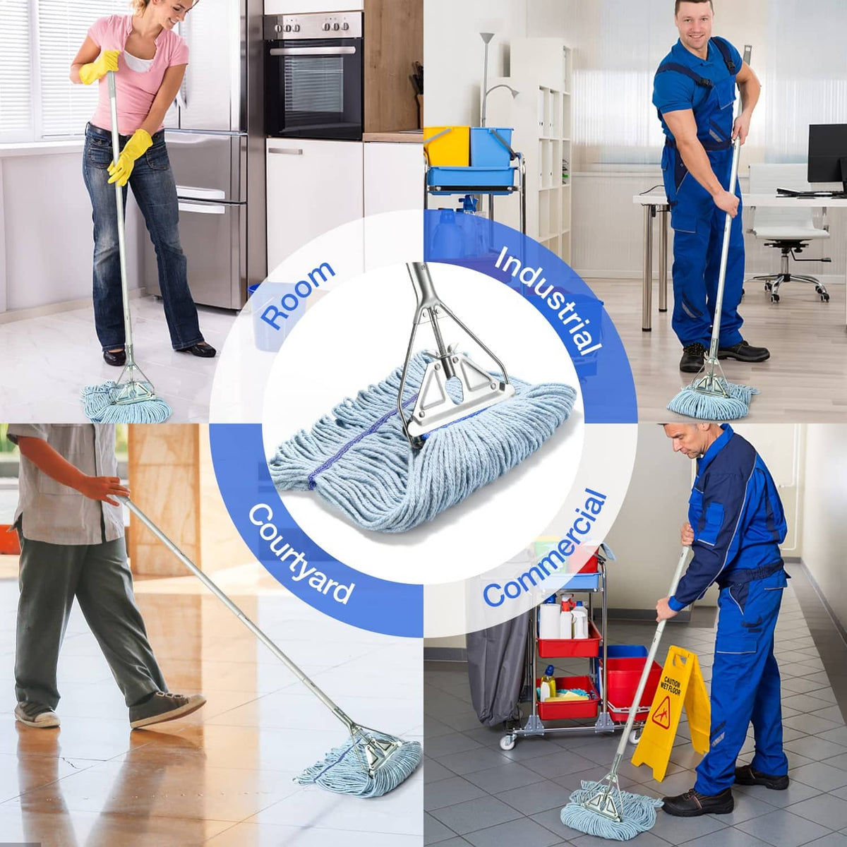 Industrial string mop for commercial wet cleaning with light blue mop head
