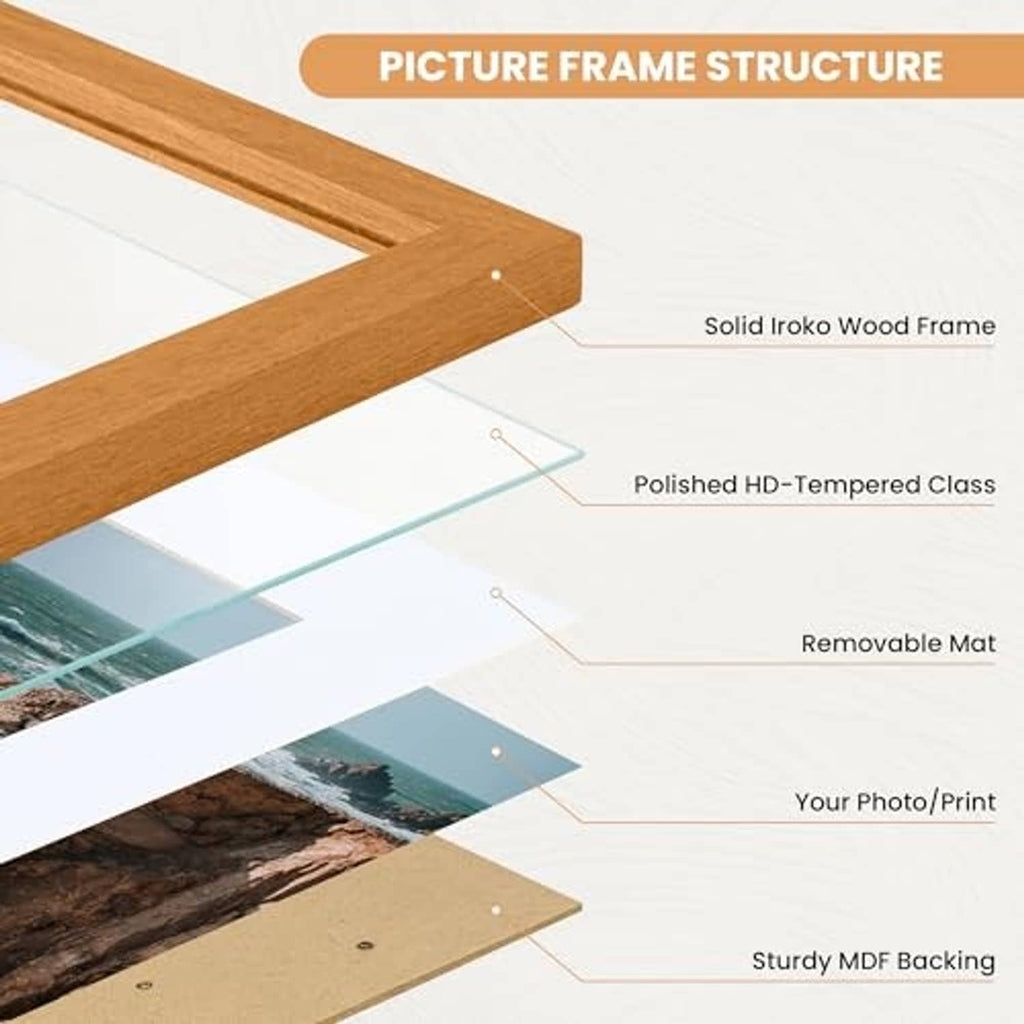 Teak wood A3 picture frame with HD tempered glass, removable mat, and MDF backing