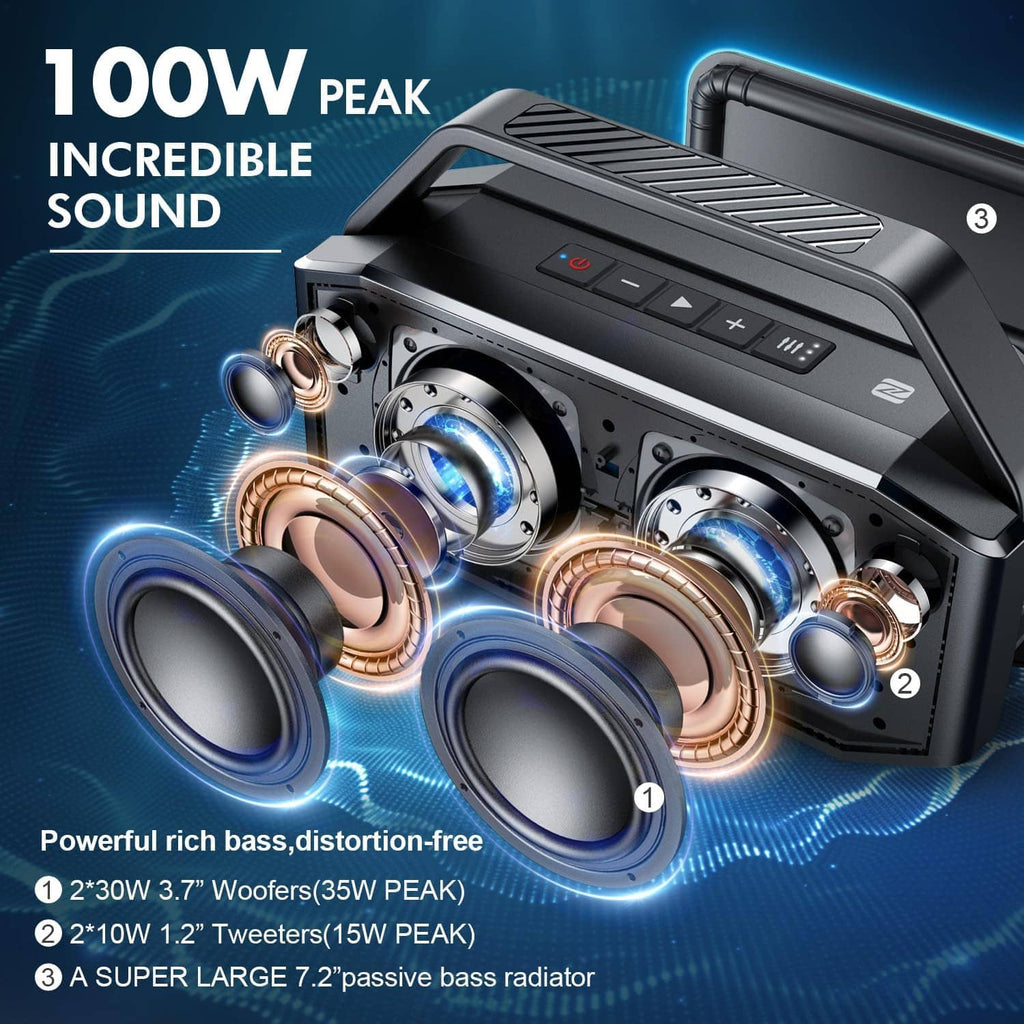 Black portable Bluetooth speaker showing top control panel and front grille