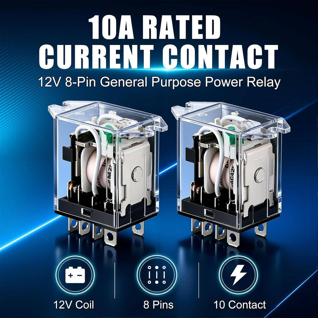 Two 8-pin DC 12V DPDT power relays showing contact blocks and coil area