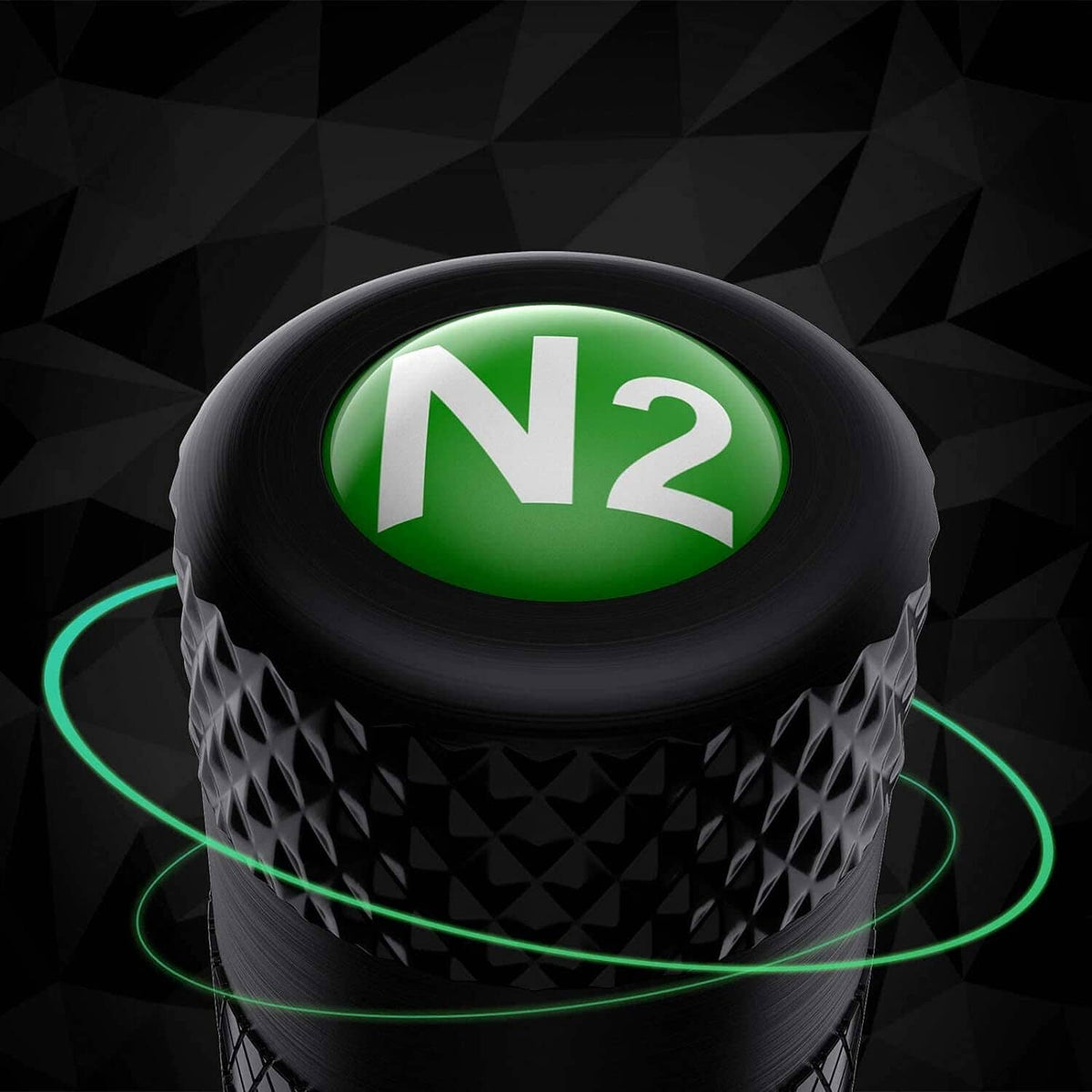Black tire valve stem cap with green N2 logo and textured grip design
