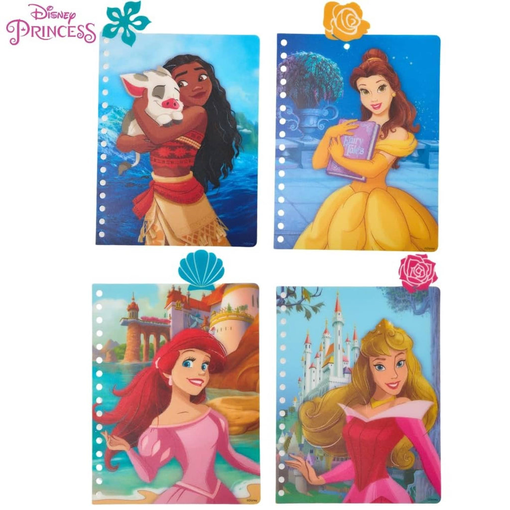 Four character tab divider cards with Disney Princess scenes and gold ring holes