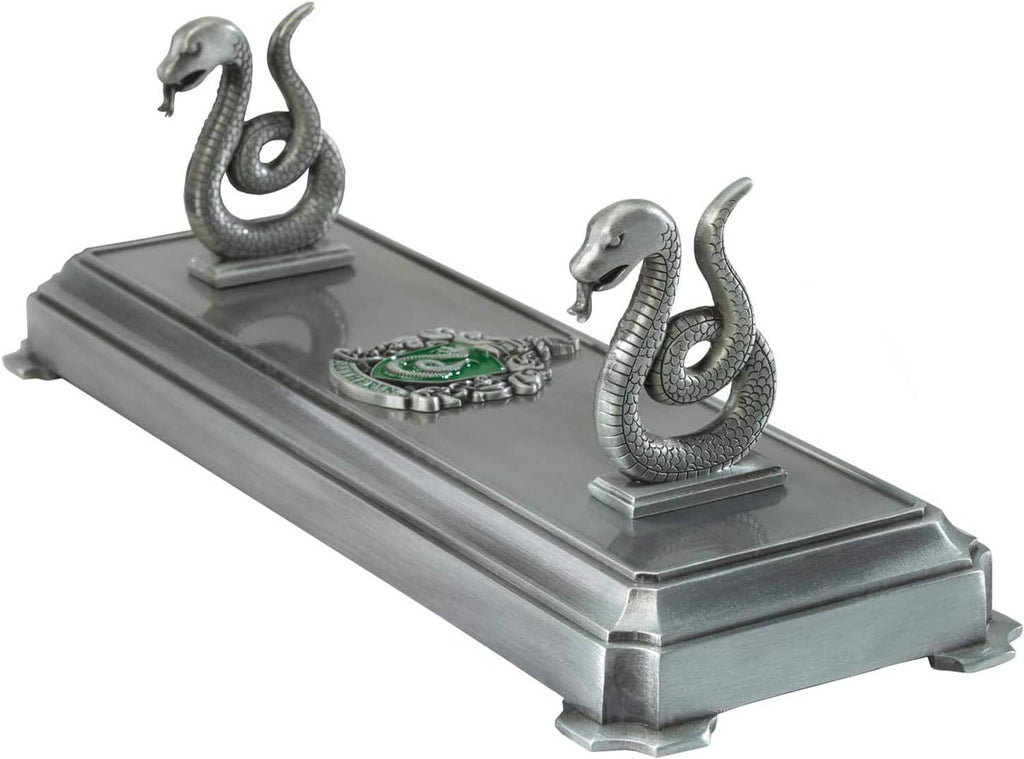 Slytherin wand display stand, gray metal base with two snake figures and green emblem