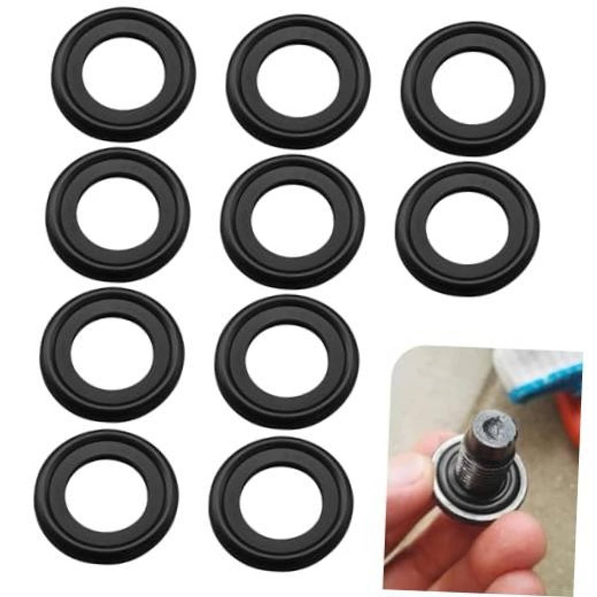 Set of black rubber oil drain plug gasket washers, round crush seal rings