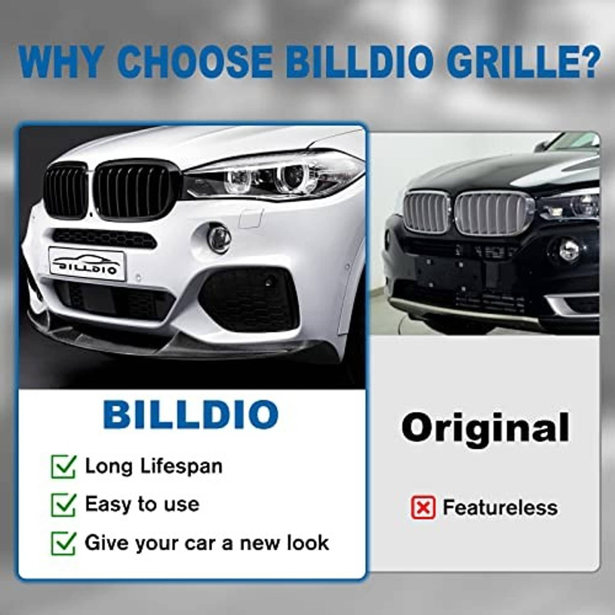 Gloss black kidney grilles with single vertical slats comparison to an original style grille.