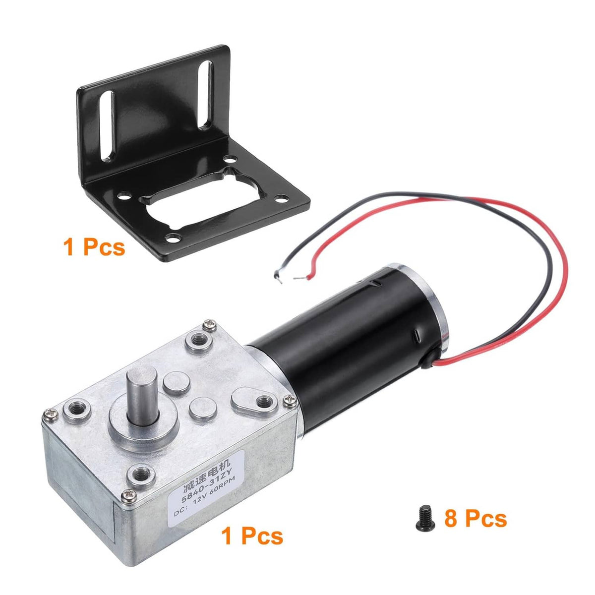 DC geared worm motor kit with mounting bracket, power leads, and included screws