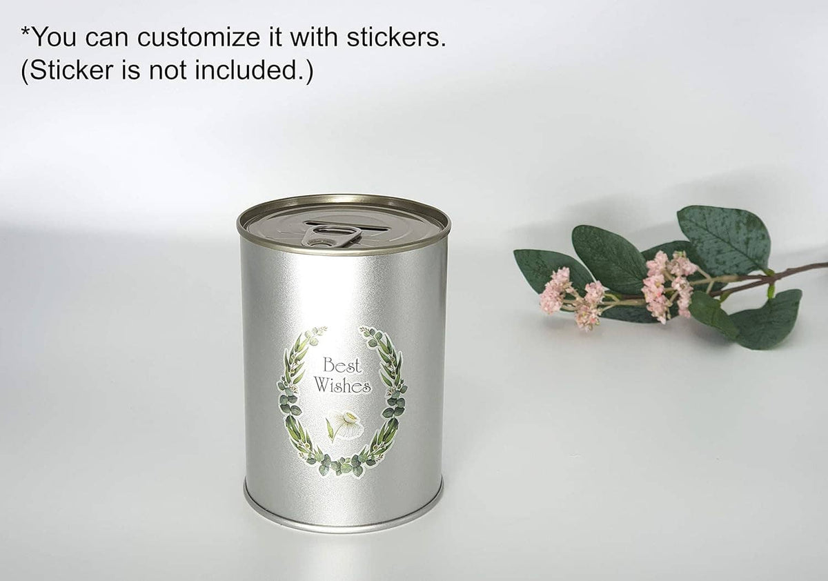 Silver metal coin piggy bank with wreath-style graphic on the front