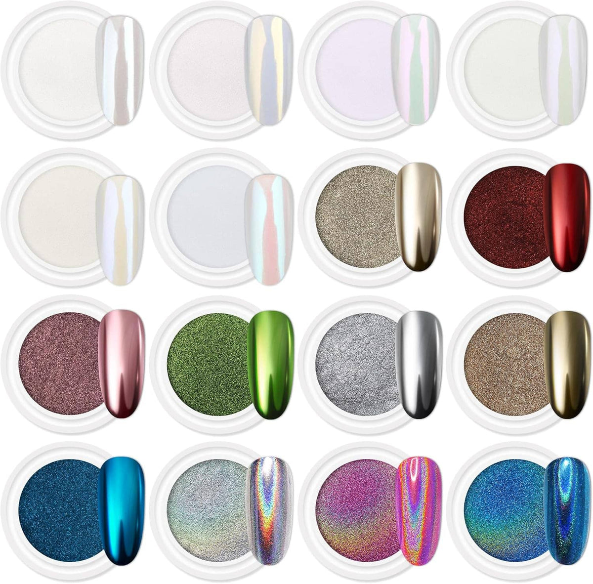 Mirror-effect chrome nail powder jars in assorted metallic pearl and mirror-shine shades