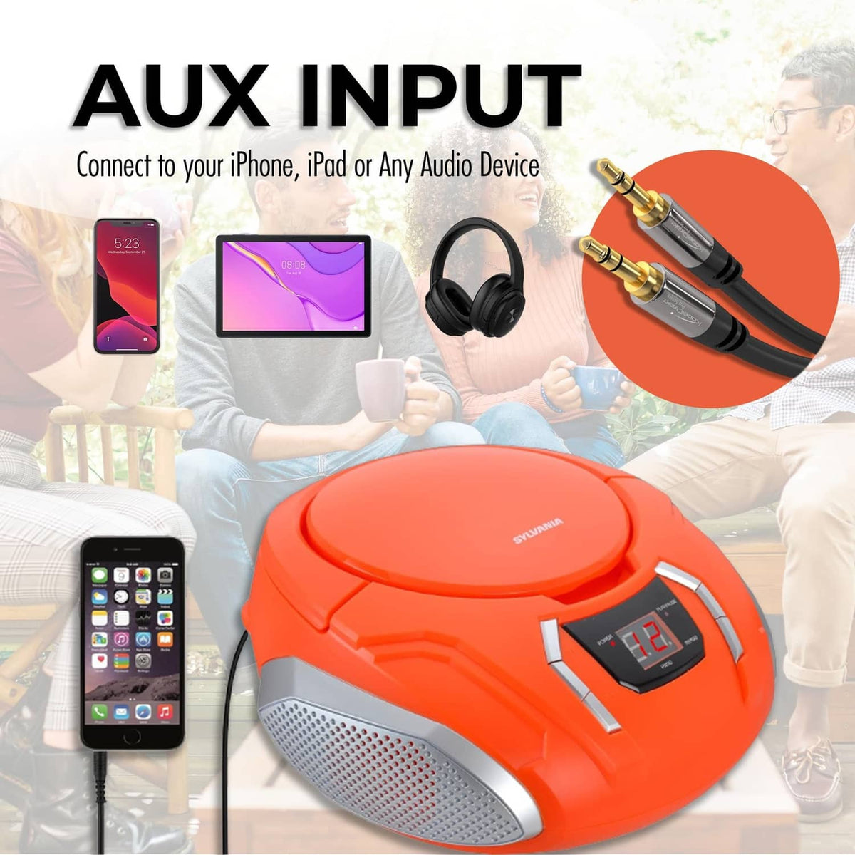 Orange portable CD player boombox with top lid and front LCD display window