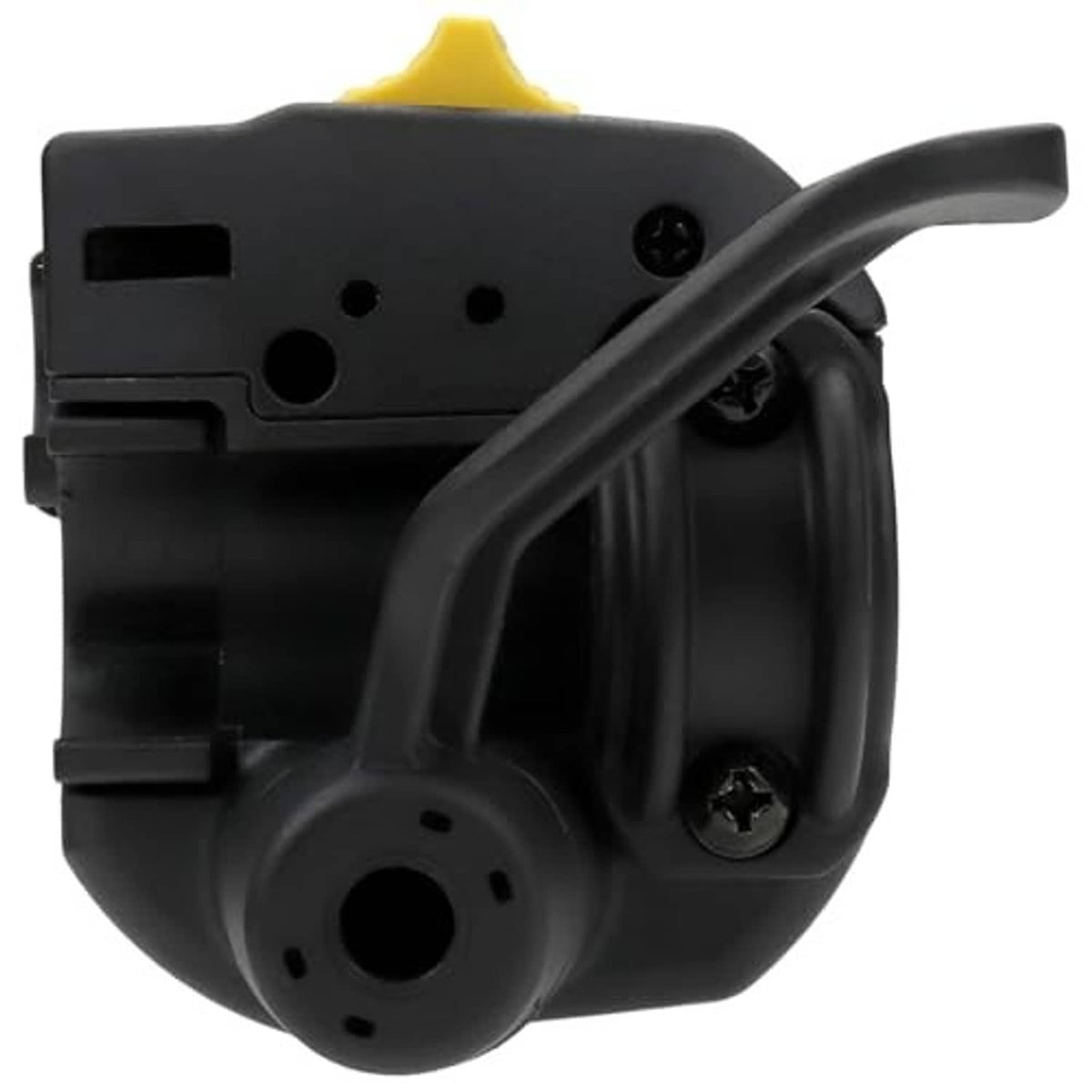 Black plastic lever housing with metal connector cutout, bracket details, yellow tab