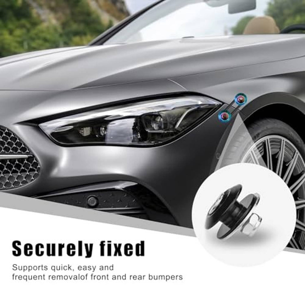 Installed bumper quick-release fasteners with rainbow bolts on front bumper edge