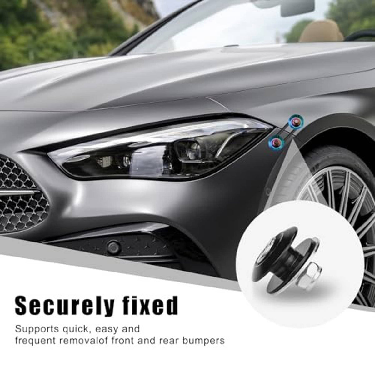 Installed bumper quick-release fasteners with rainbow bolts on front bumper edge